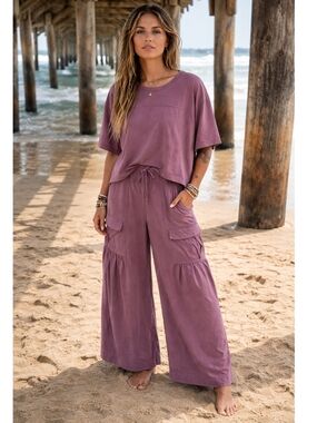 Free People Beach Russell Set Mauve Boxy Tee Side Slit Wide Leg Cargo Pants